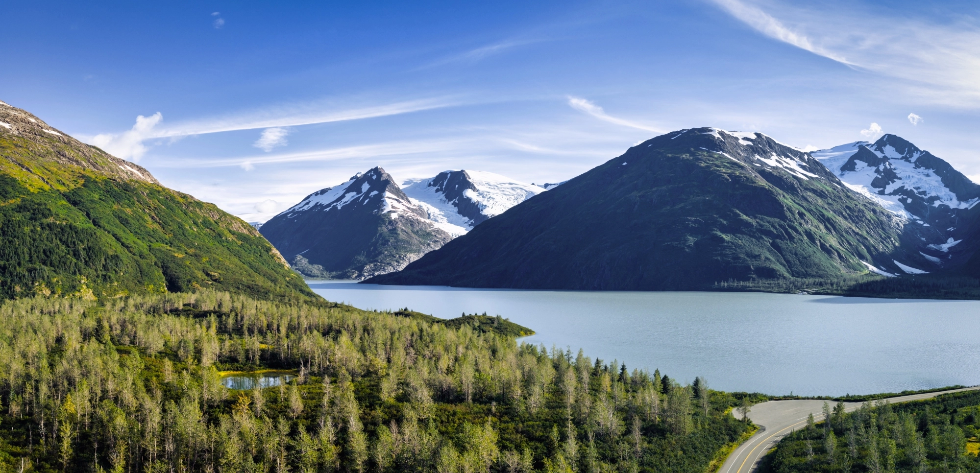 Portage Lake, the road to Whittier, and the surrounding Chugach mountains
